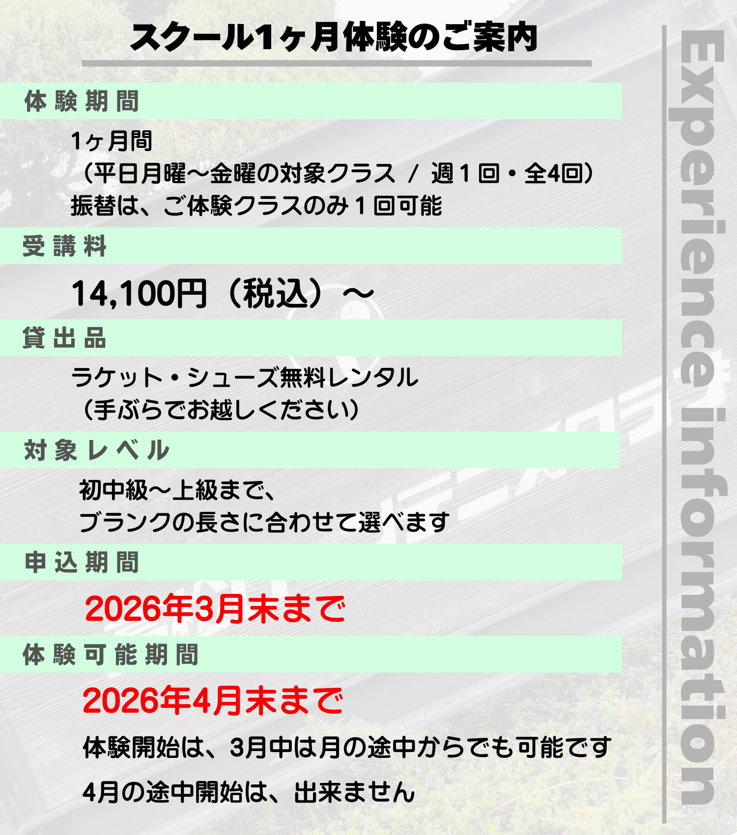 スクール1ヶ月体験のご案内