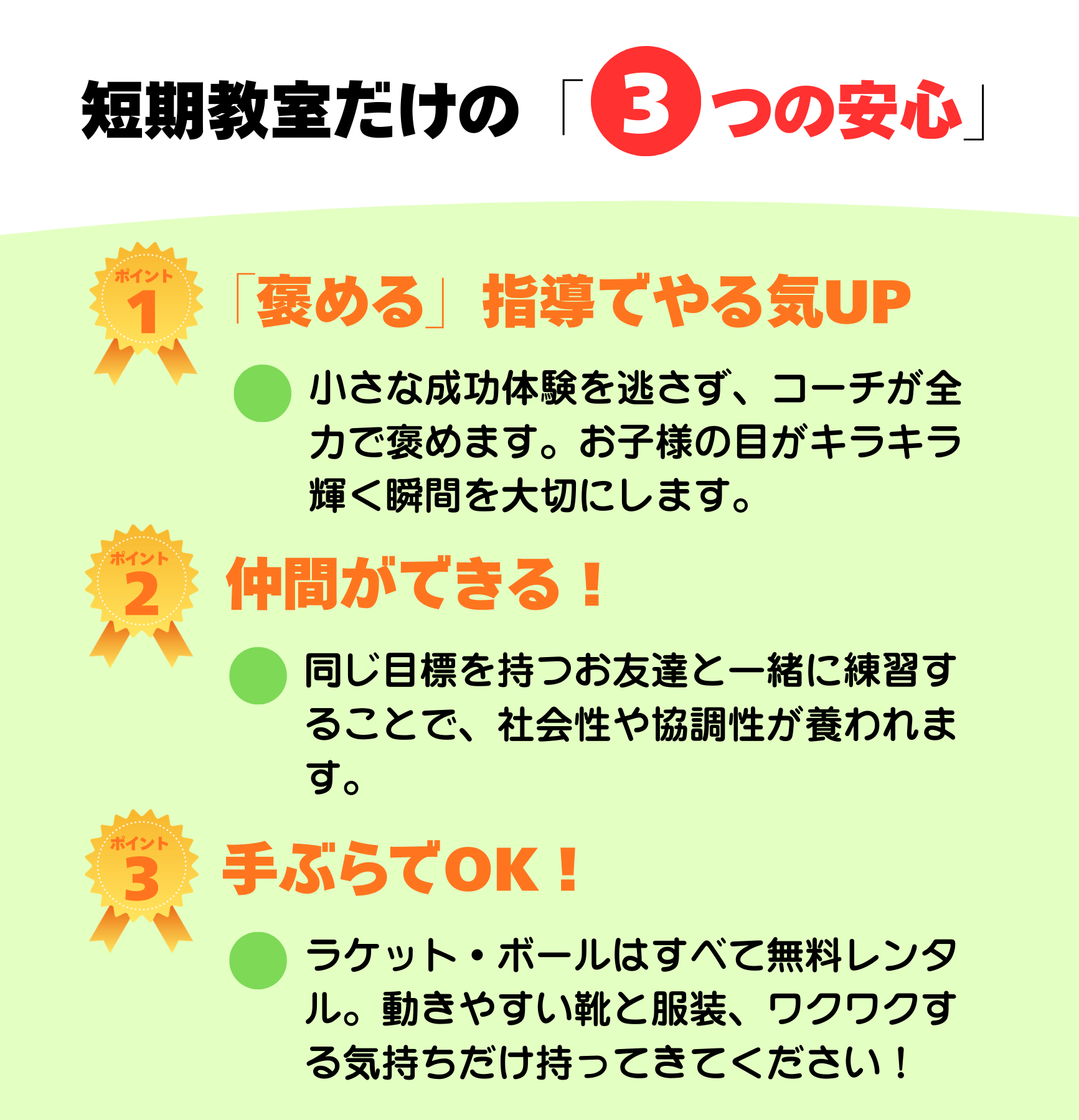 春の短期テニス教室３つの安心